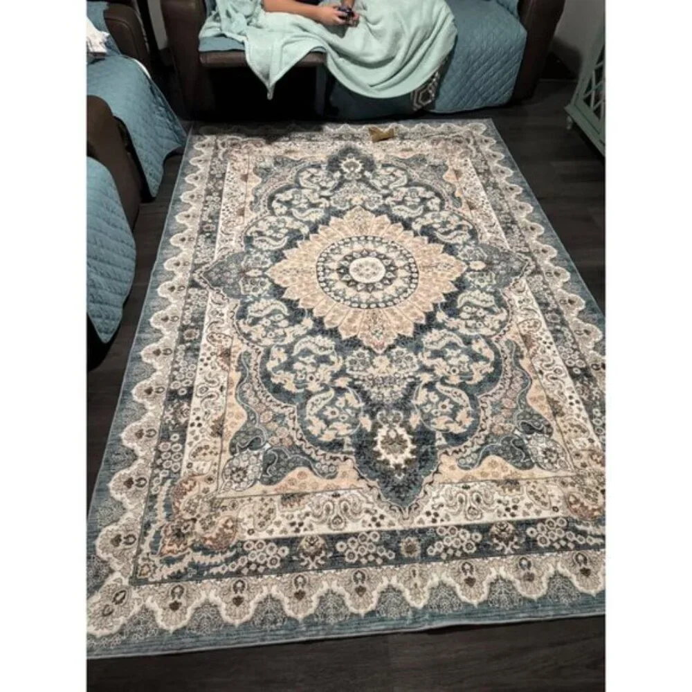 New 6x9 Blue Vintage Washable Rug Non-Slip Low Pile Carpet for Home & Room
